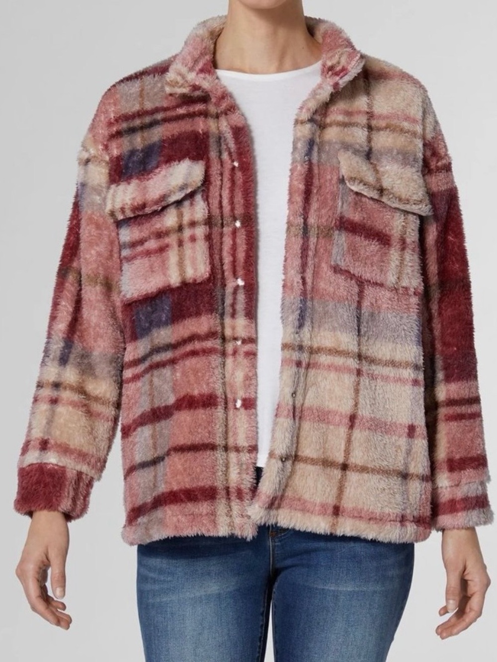 Coco + Carmen Tucker Plaid Fuzzy Fleece Shacket Jacket XXL